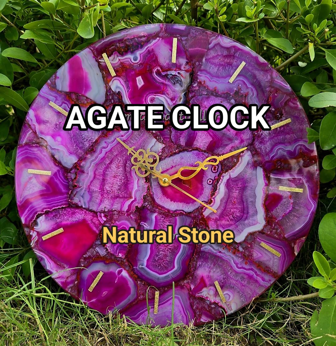 Vakker og eksklusiv PINK AGATE veggklokke, Gold Electroplated, 25cm