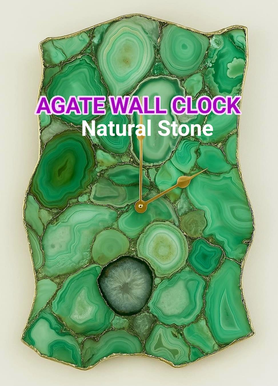 Vakker og eksklusiv XXL Grønn AGATE veggklokke, Gold Electroplated, 38x25cm