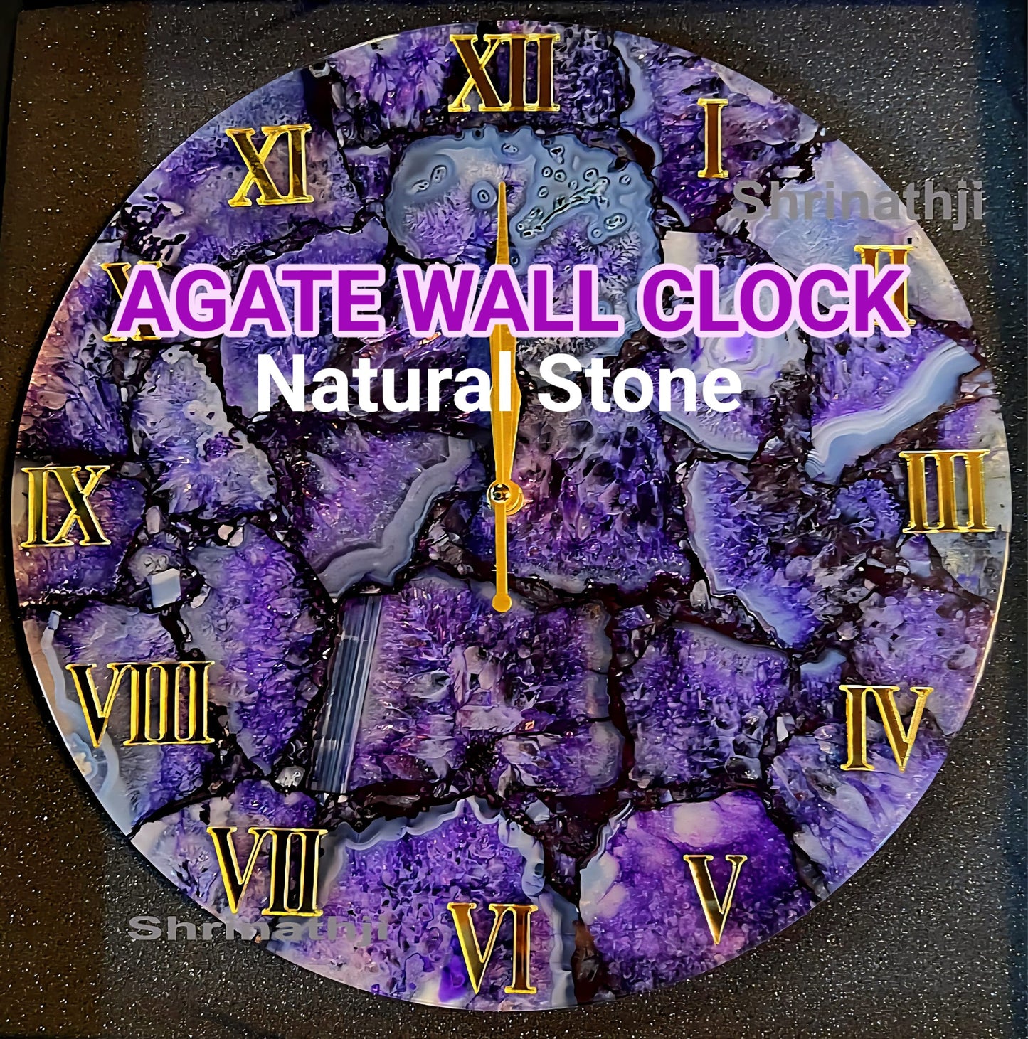 Vakker og eksklusiv Purple AGATE veggklokke, Gold Electroplated, 25cm