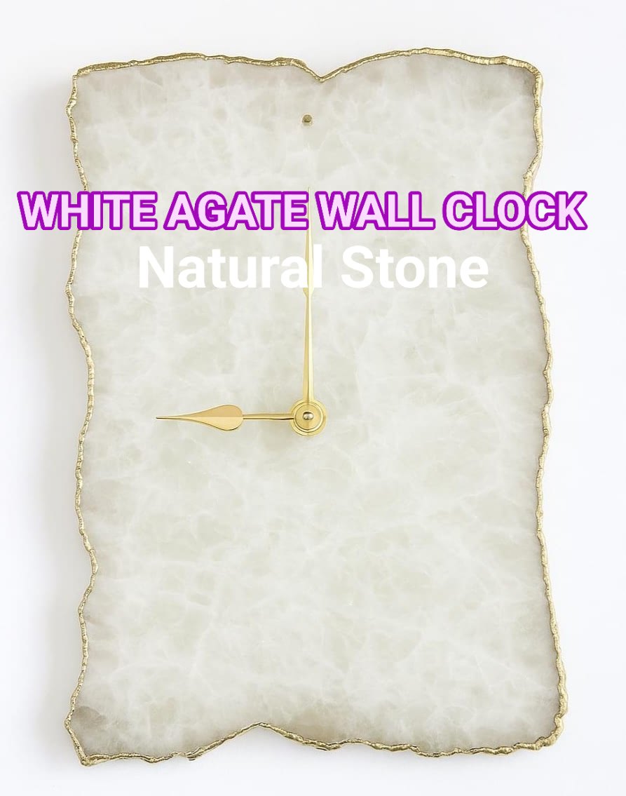 Vakker og eksklusiv XXL Hvit AGATE veggklokke, Gold Electroplated, 38x25cm