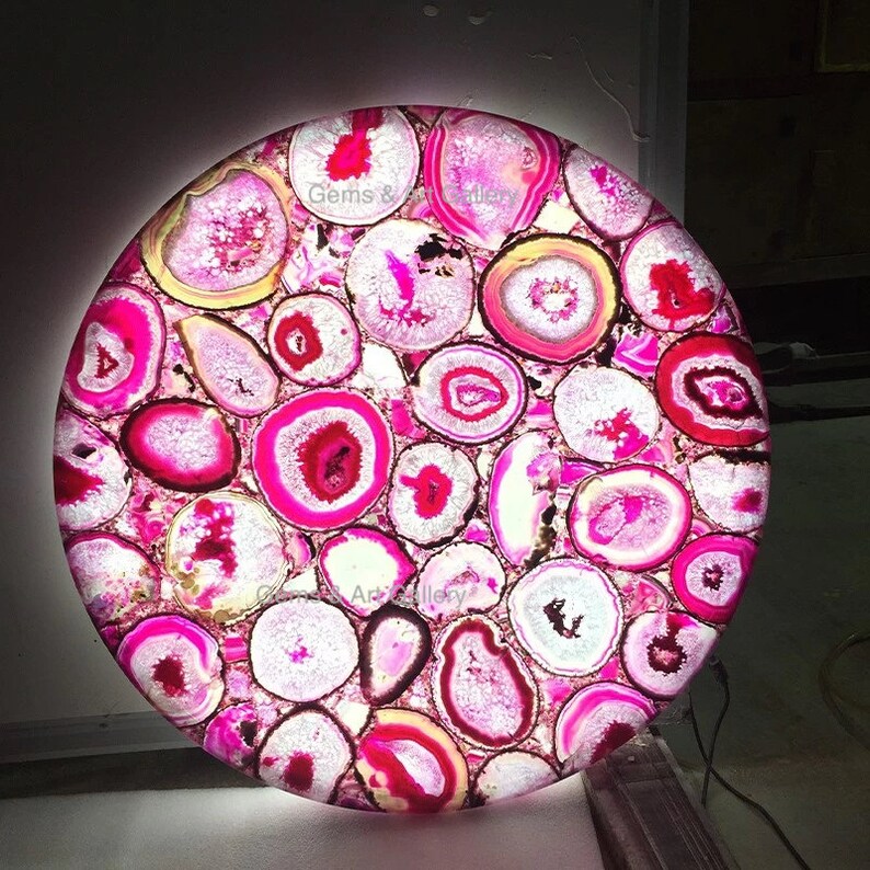 Agate Gemstone Coffee - Sofa Tables, handmade ( Round 45cm ) inkl. backlit ( ledlys ) og design bordben