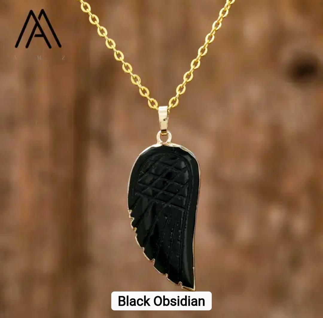 Ny MICCI Black Obsidian Angel Wing Designkjede, Gold Electroplated - 35mm