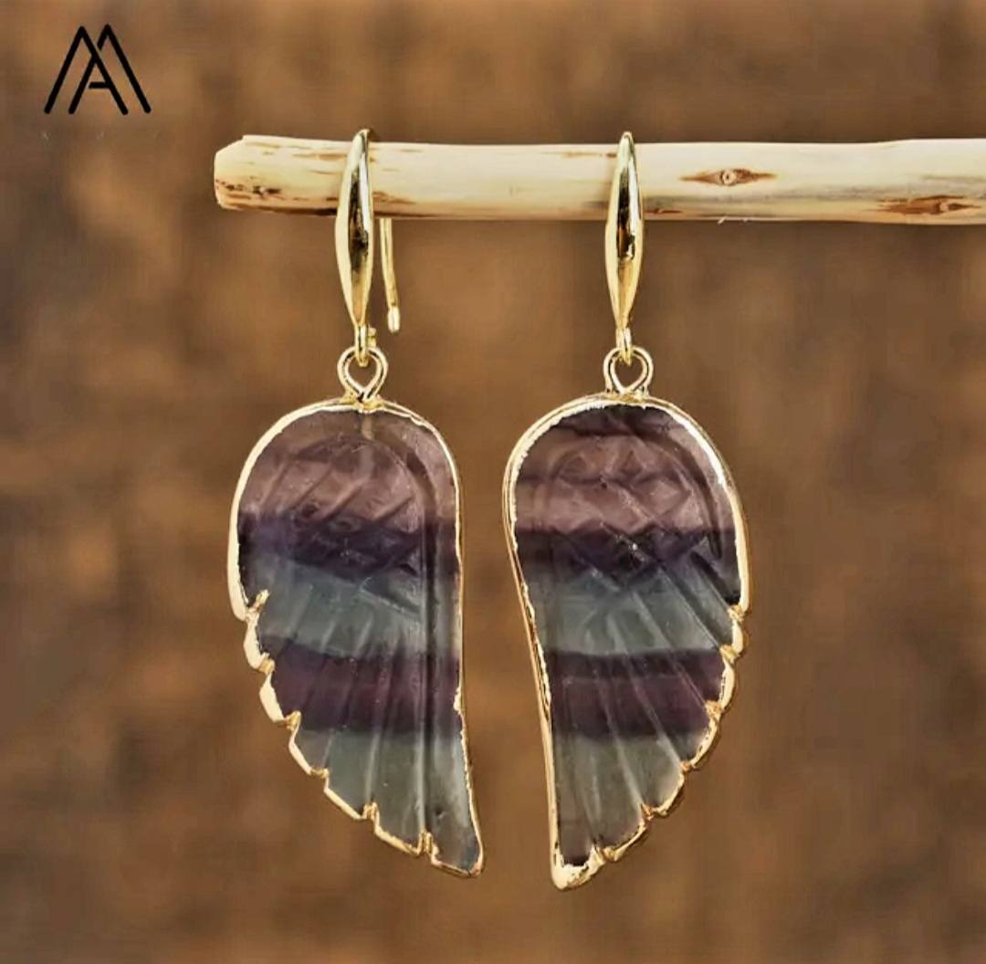 Nye MICCI Design Øredobber ( Angel Wing ) , 18K Gold Electroplated, Rainbow Fluorite
