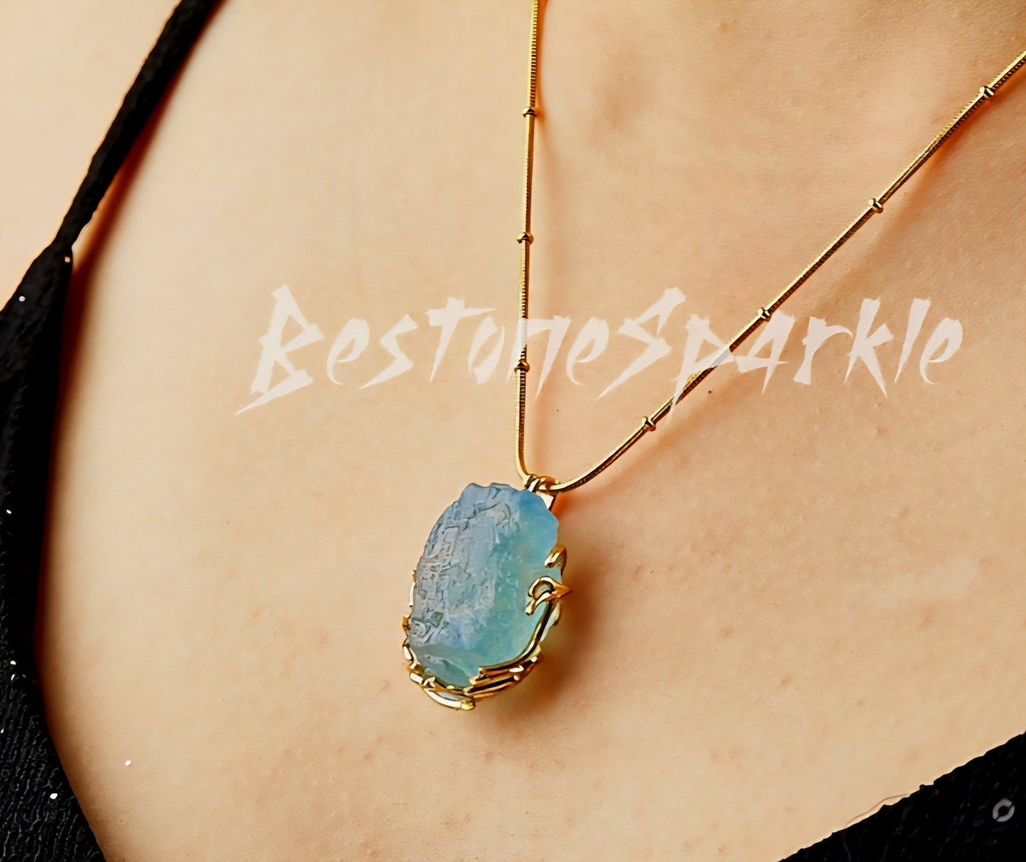 AA Raw Aquamarine Gold Necklace, March Birthstone Throat Chakra, 24K Goldplated