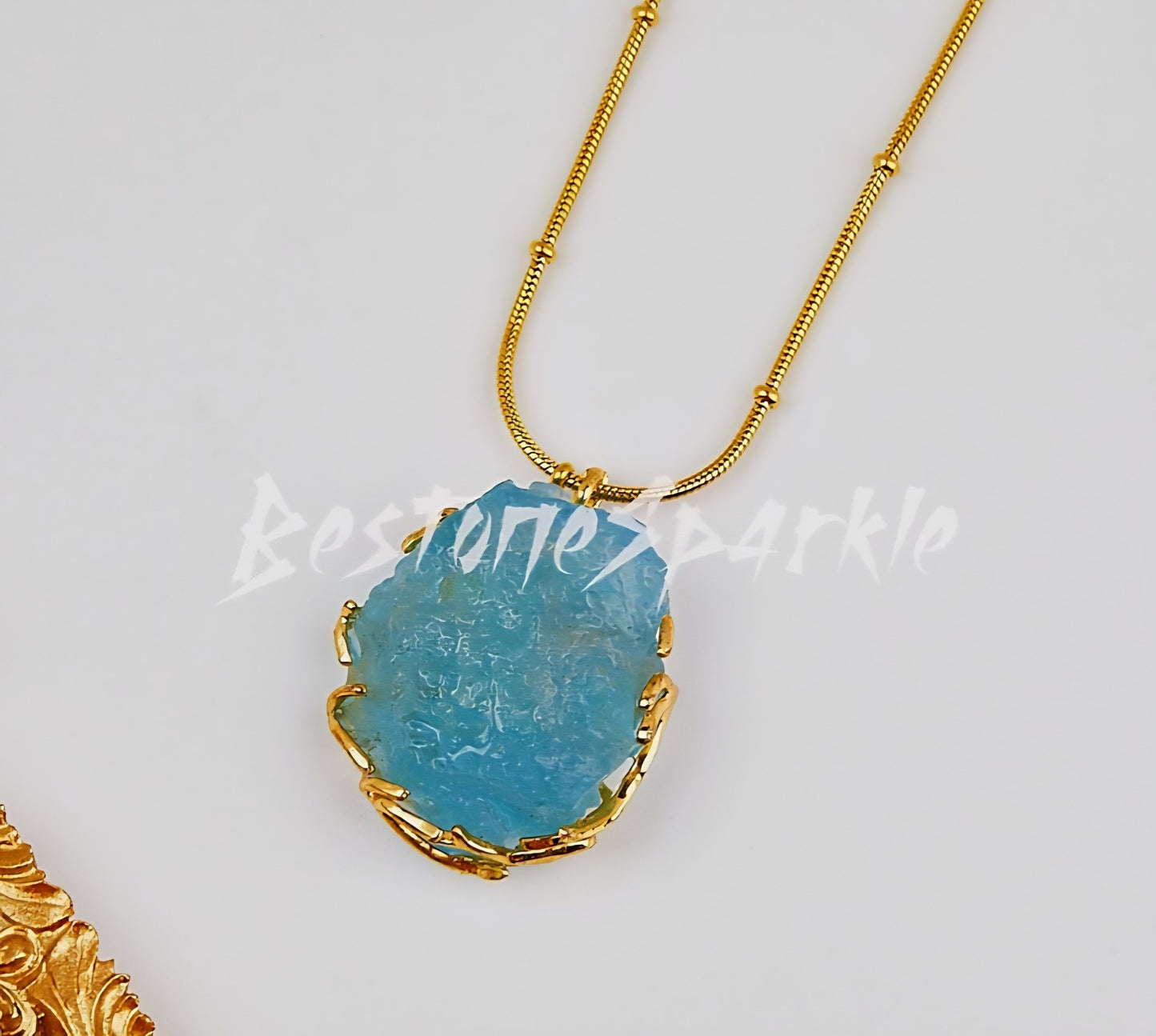 AA Raw Aquamarine Gold Necklace, March Birthstone Throat Chakra, 24K Goldplated