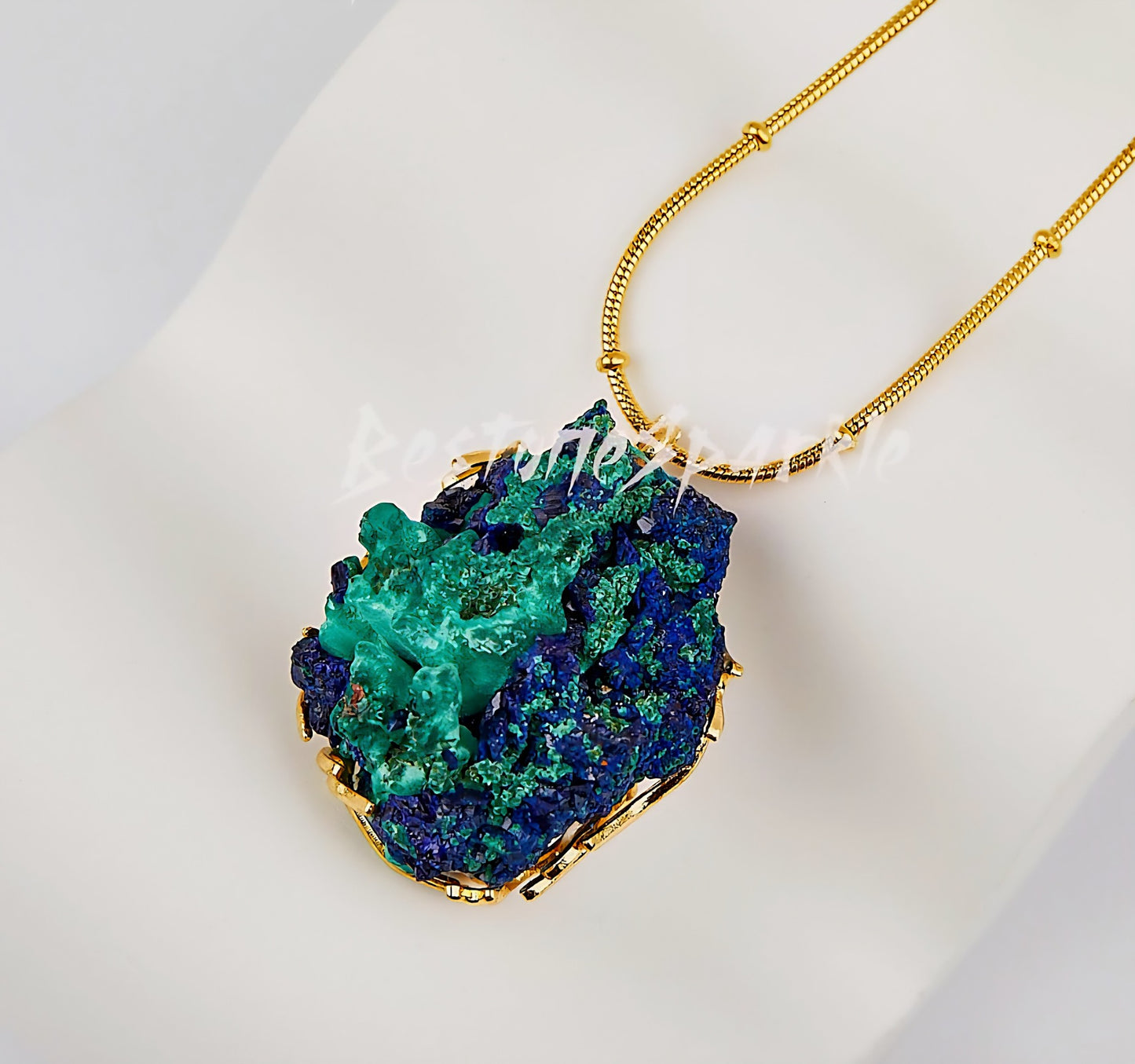 New Raw Azurite Pendant Cluster Necklace, "Spiritual Enlightment - "Third Eye, 24K Gold-Plated Chain