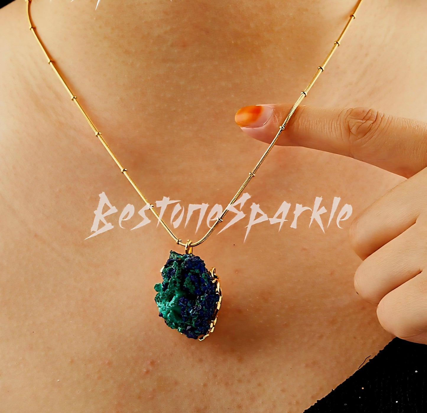 New Raw Azurite Pendant Cluster Necklace, "Spiritual Enlightment - "Third Eye, 24K Gold-Plated Chain