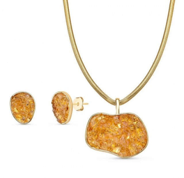 New 2025 Brazil Gem Citrine Freeform Necklace & Earring Set 18K Gold Plated