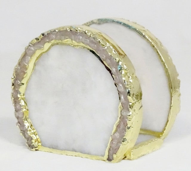 HÅndlagede 12mm Hvit AGAT m/Rose Quartz Decor serviettholder med gullbelagt kant ( Gold Electroplated ), 20 servietter