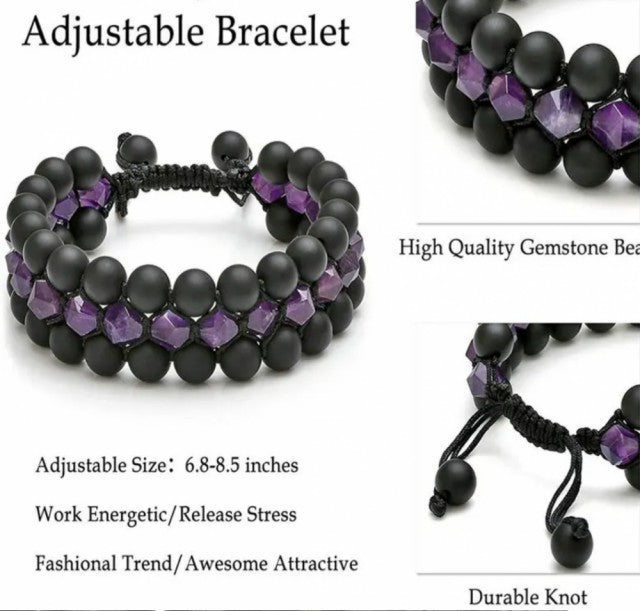 Nye Merkaba 3 rader Ametyst armbÅnd med onyx, justerbare