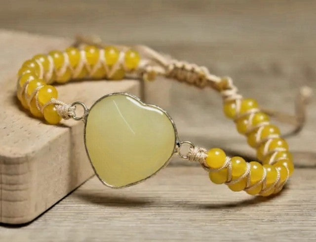 Enkle og vakre Chambhala 2 rader armbÅnd m/ Hjerteformet Yellow JADE sten og smÅ tilsvarende stener ( justerbart )