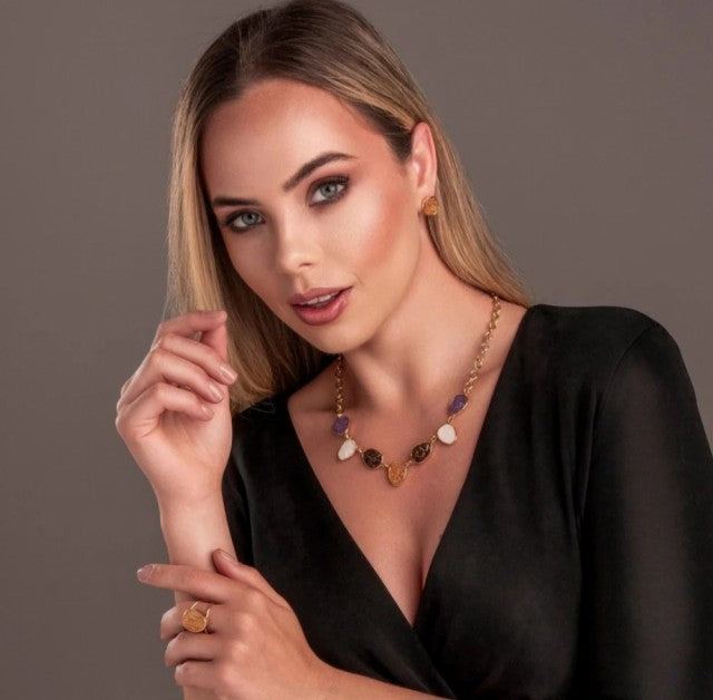 2025 Brazil Gem 18 K Gold Plated Cuff Ring with Natural Black Turmaline Gemstones