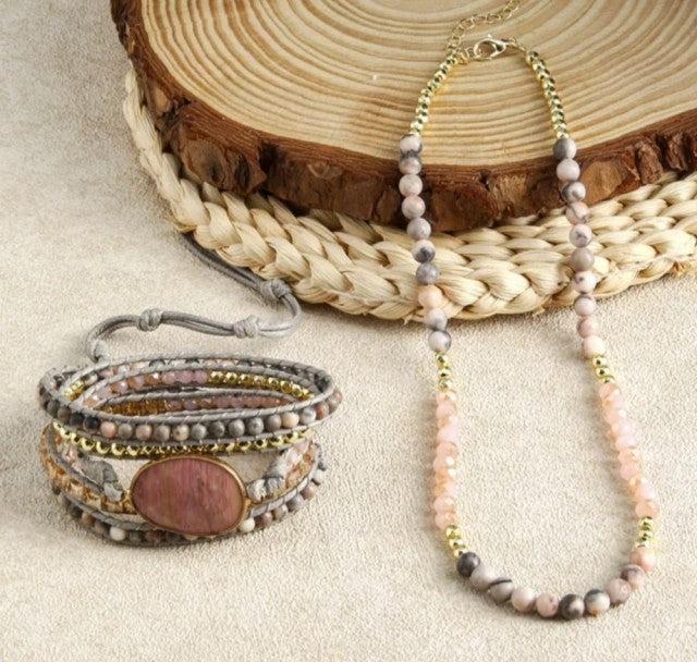 Nye 2025 Bohemian Zebra Jasper Design Smykkesett, Single Row Kjede og BoHo Wrap armbÅnd