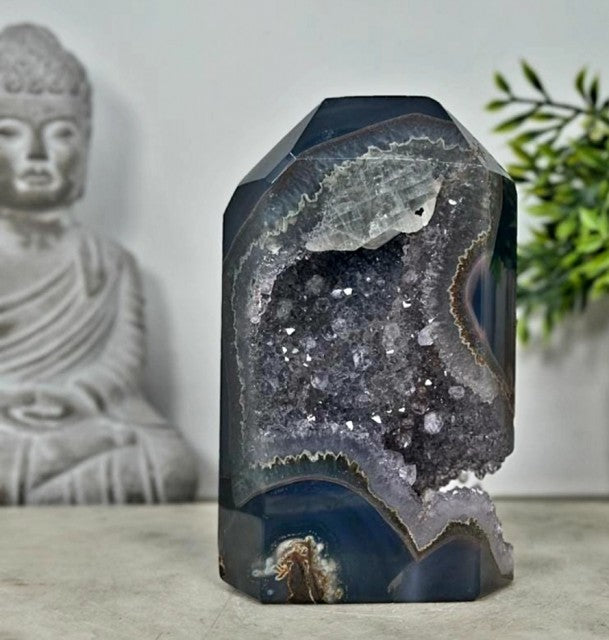 Natural Uruguay Amethyst & Blue Agate Stone Tower AAA+ Quality Geode, 15.5x10cm, STP0186