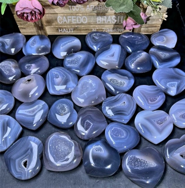 Supervakre, store ( 60mm ) Mexican Ametyst & Agate Geode Hearts, Medium inkl. golden stand, Medium