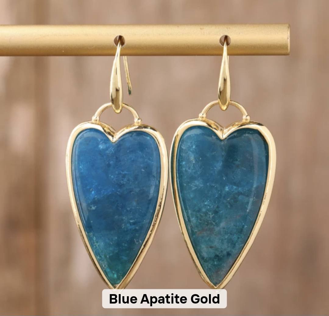 Nye MICCI Design Øredobber ( 30mm - Long Heart Design ) , 18K Gold Electroplated, Blue Apatite
