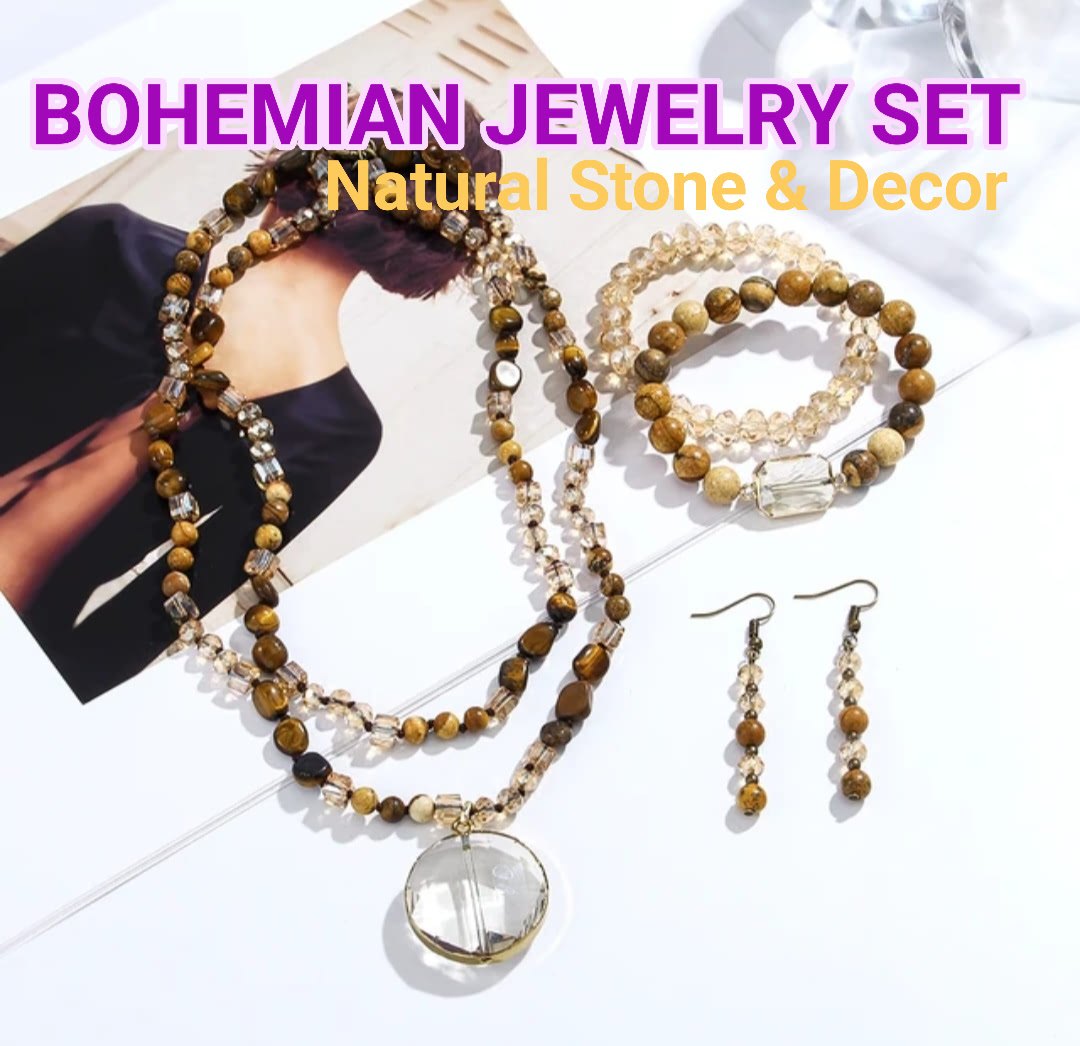 Nytt BOHEMIAN Design Smykkesett ( Kjede, Armbånd, Øredobber ) Tiger Eye & Decor