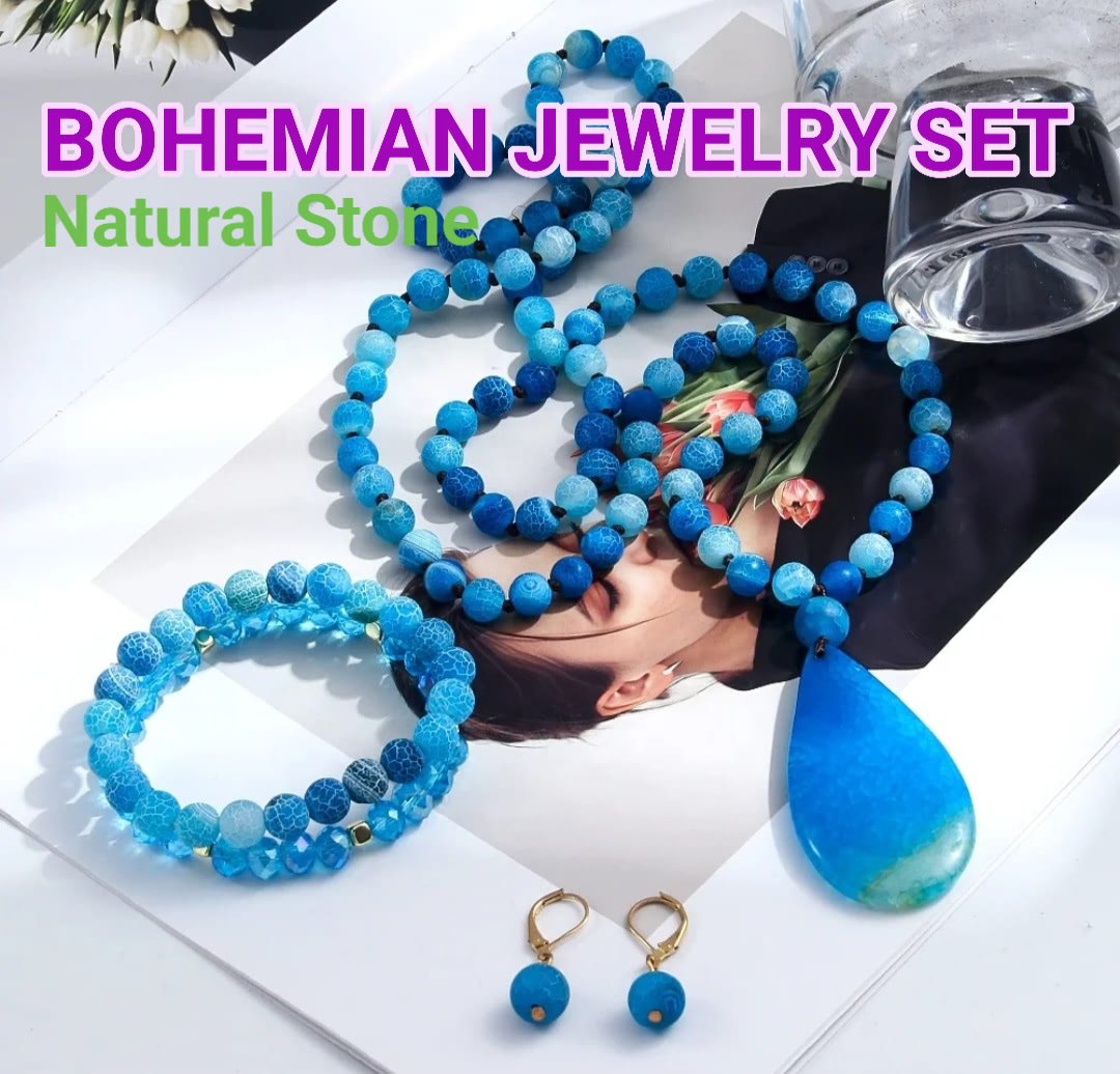 Nytt BOHEMIAN Ocean Blue Frosted AGATE Design Smykkesett ( Kjede, Armbånd, Øredobber )