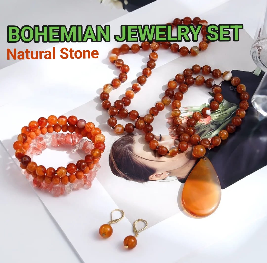 Nytt BOHEMIAN Orange AGATE Design Smykkesett ( Kjede, Armbånd, Øredobber )