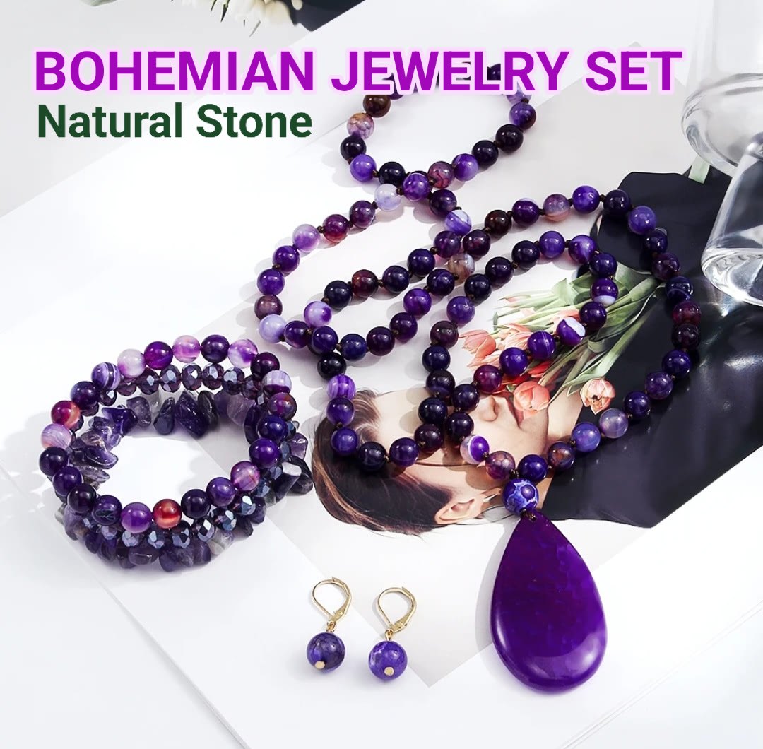 Nytt BOHEMIAN Lilla AGATE Design Smykkesett ( Kjede, Armbånd, Øredobber )