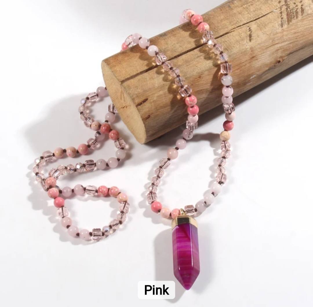 Nye 2025 Bohemian Style Pink Agate & Decor Single , Langt Kjede m/Point Anheng