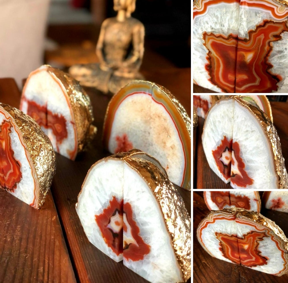 Agat Natur / Rød / Oransje Bokstøtter Gold Electroplated ( par )