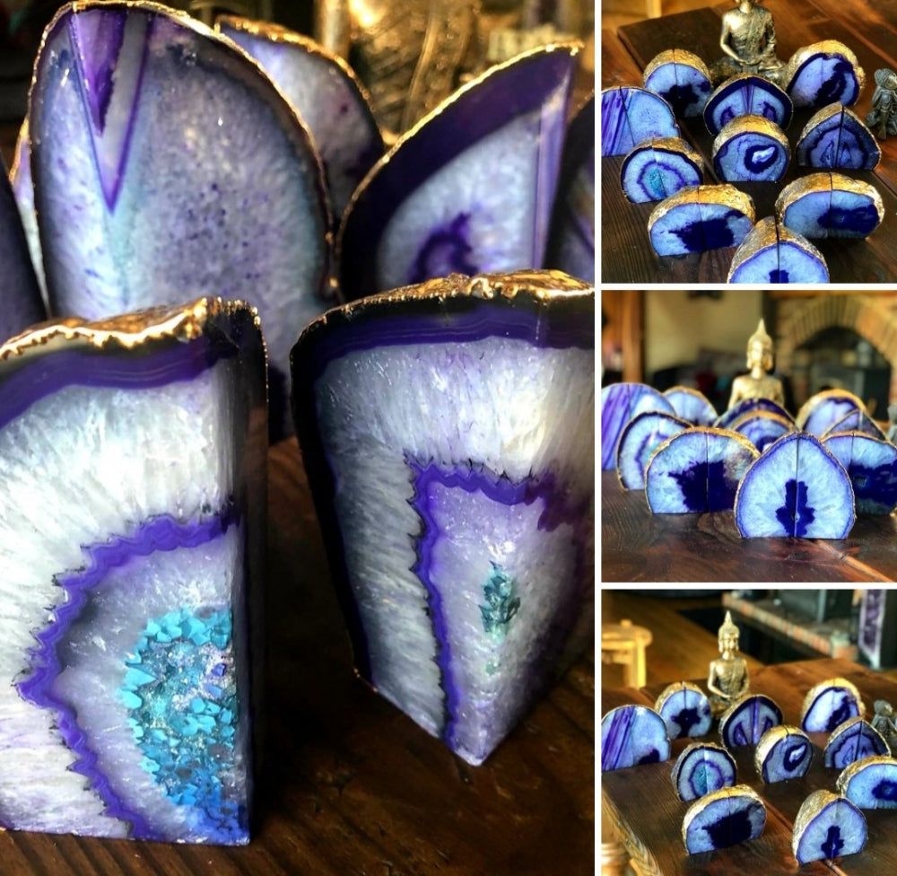 Agat Lilla Bokstøtter Gold Electroplated ( par )