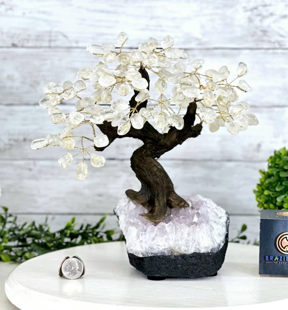 Vakre og eksklusive Feng Shui - Bonsai Brazilian Lykketrær m/ ekte CLEAR QUARTZ krystaller og Ametyst Quartz Clusterfot, ca. 35cm, vekt ca. 5kg, 180 Krystaller, LARGE