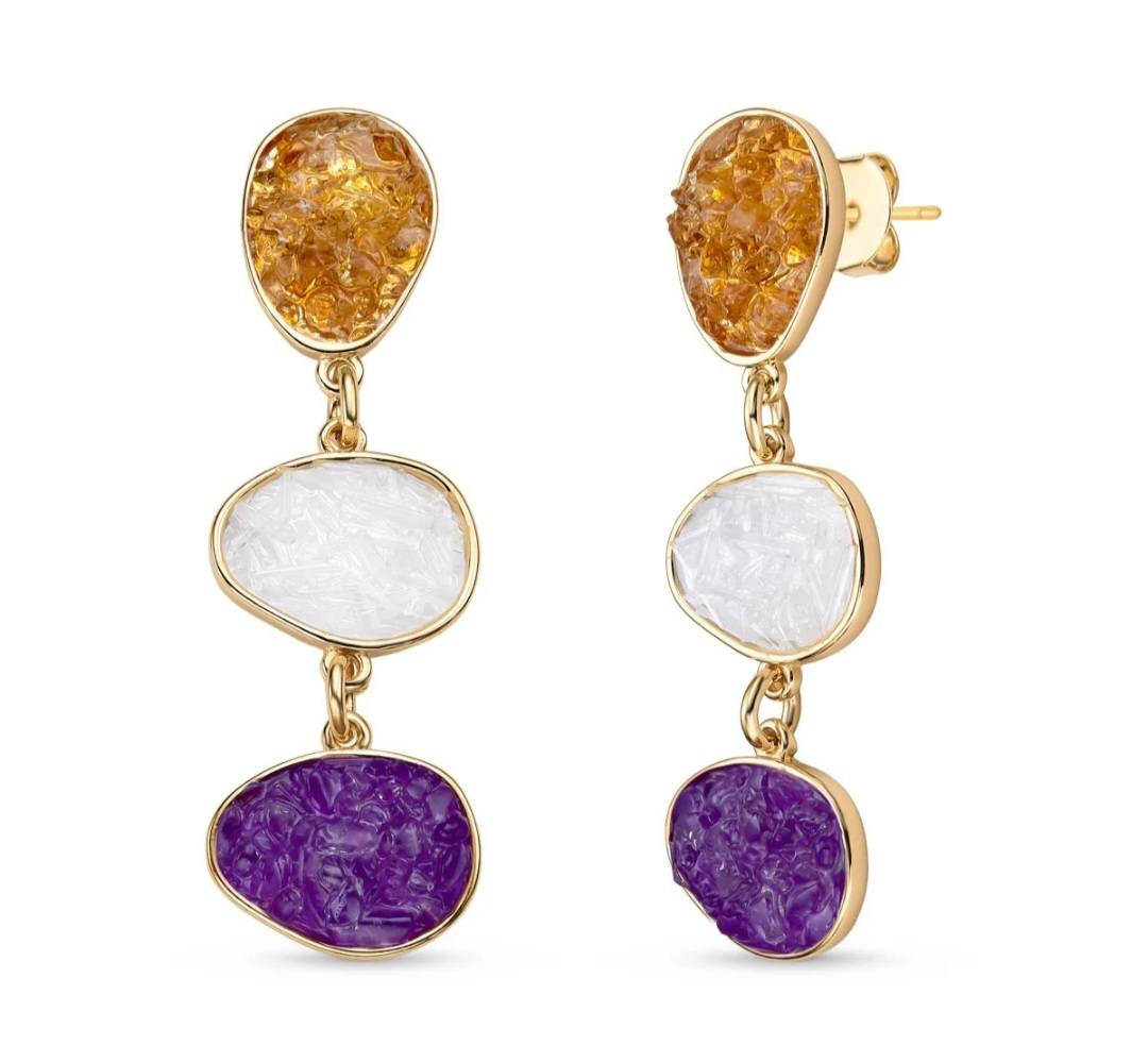 Dangle Style 18K Gold Plated Earrings w/ Fragments of Natural Stones, Ametyst, Selenite, Citrine