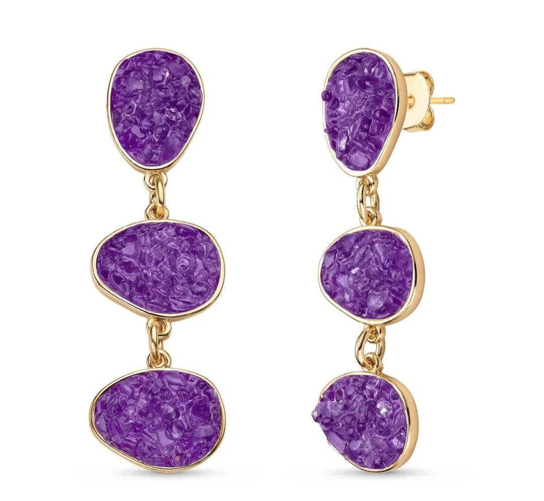 Dangle Style 18K Gold Plated Earrings w/ Fragments of Natural Stones, Ametyst