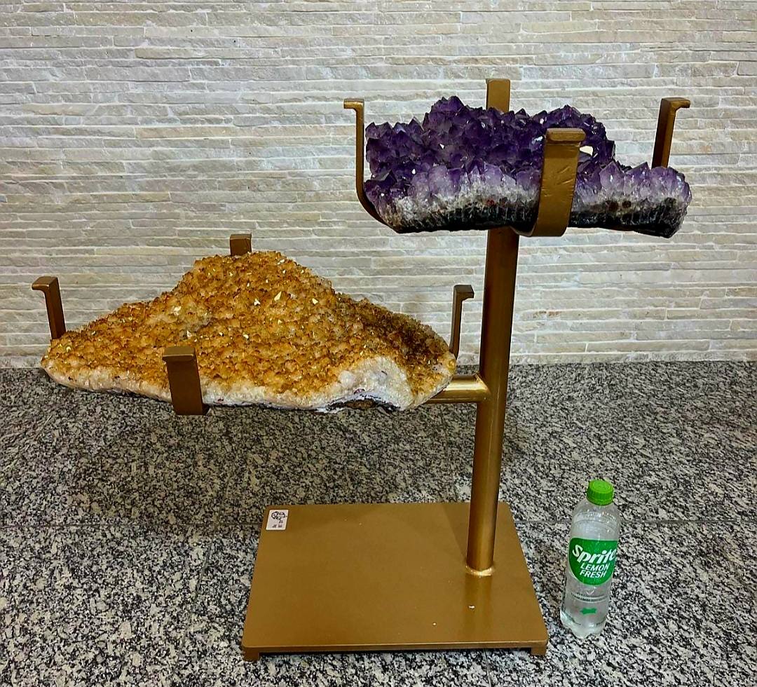 KAMPANJE / HIGH QUALITY BRAZILIAN AMETYST & CITRINE ( Heated ) CLUSTER GEODE COFFEE / SOFA TABLE SET , Totalvekt ca. 43kg. - 76x43cm - Høyde 69cm