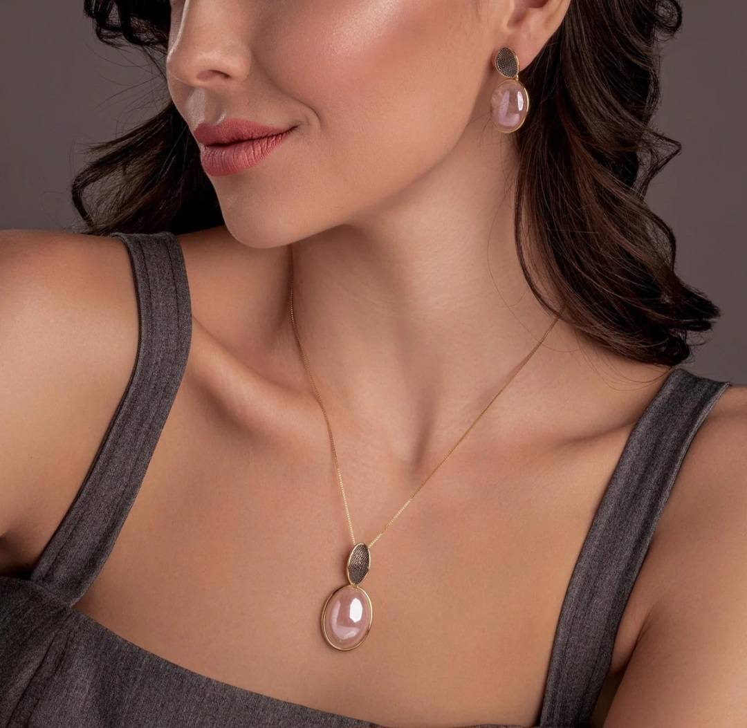 New 2025 Brazil Gem / Vintage Style Pearlized Gold Plated & Black Rhodium Plated Necklace & Earring Set, Rose Quartz (Pearlized)