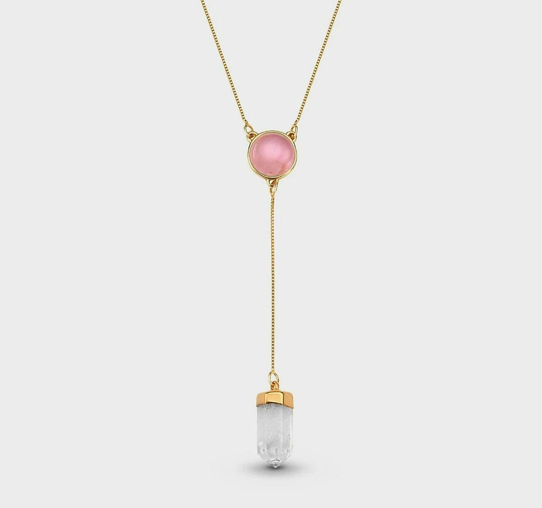 New Brazil Gem Design 2025 / Natural Round Rose Quartz Quartz Gemstone with Clear Quartz Point, 18K Gold Plated Lariat Necklace