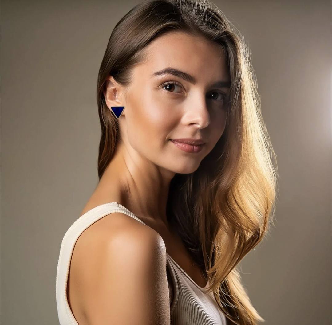 Drop Style 18K Gold Plated Earrings w/ Triangle Shaped Gemstones, Blue Sodalite