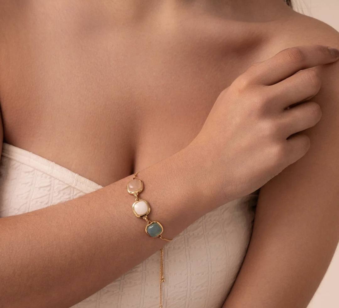 Brazil GEM 2025 / Friendship 18K Gold Plated Bracelet w/ Natural Gemstones, Rose Quartz + Mother of Pearl + Sky Blue Agate