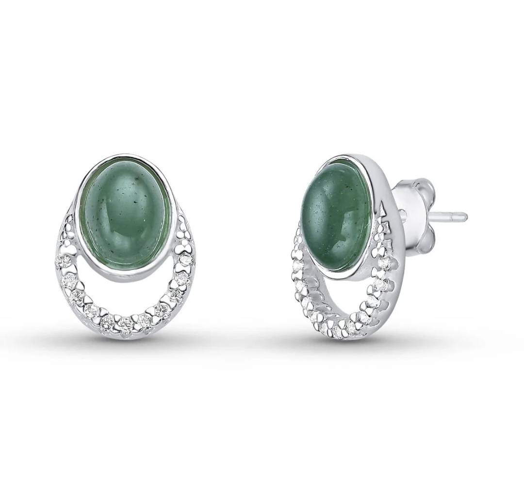 New Sterling Silver Cubic Zirconia Drop Earrings w/ Oval Natural Gemstones, Green Quartz