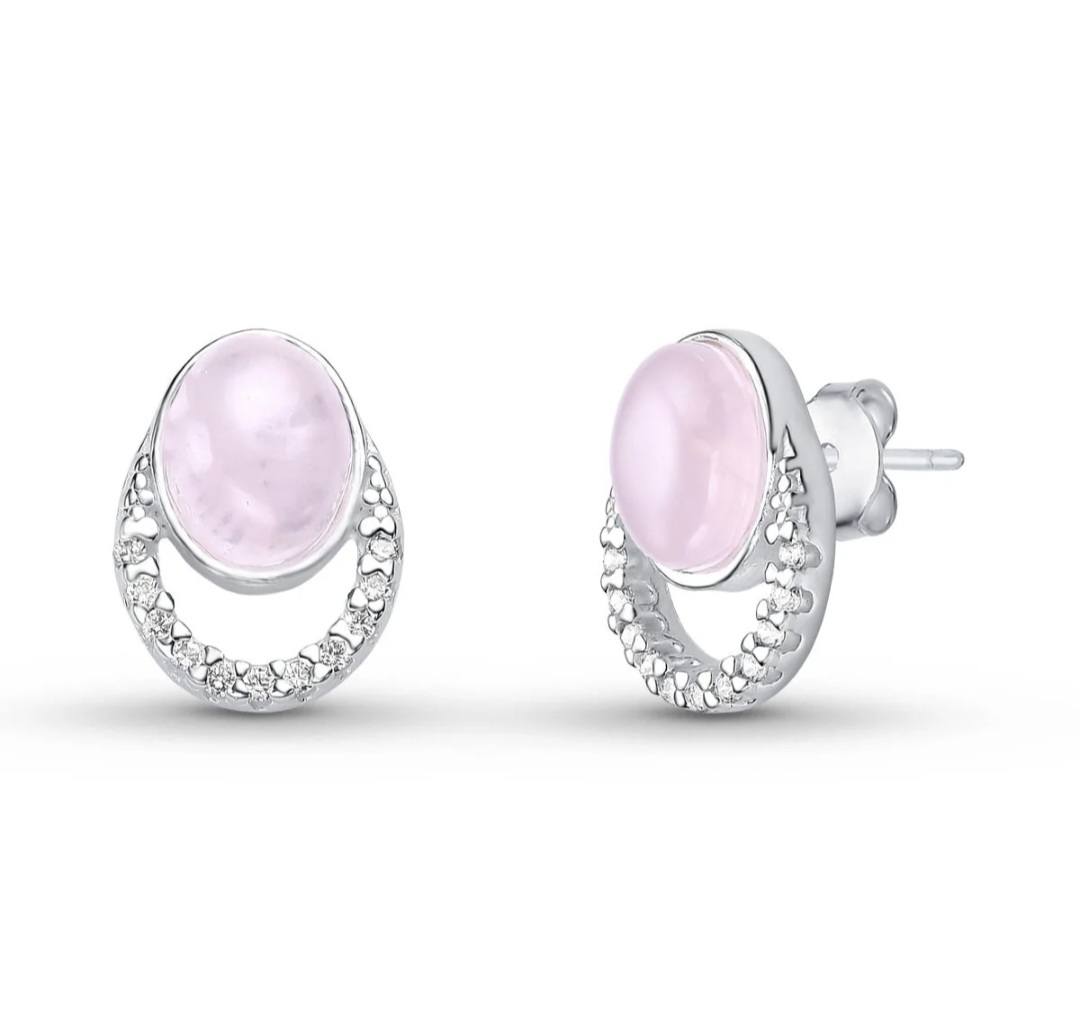 New Sterling Silver Cubic Zirconia Drop Earrings w/ Oval Natural Gemstones, ROSE QUARTZ