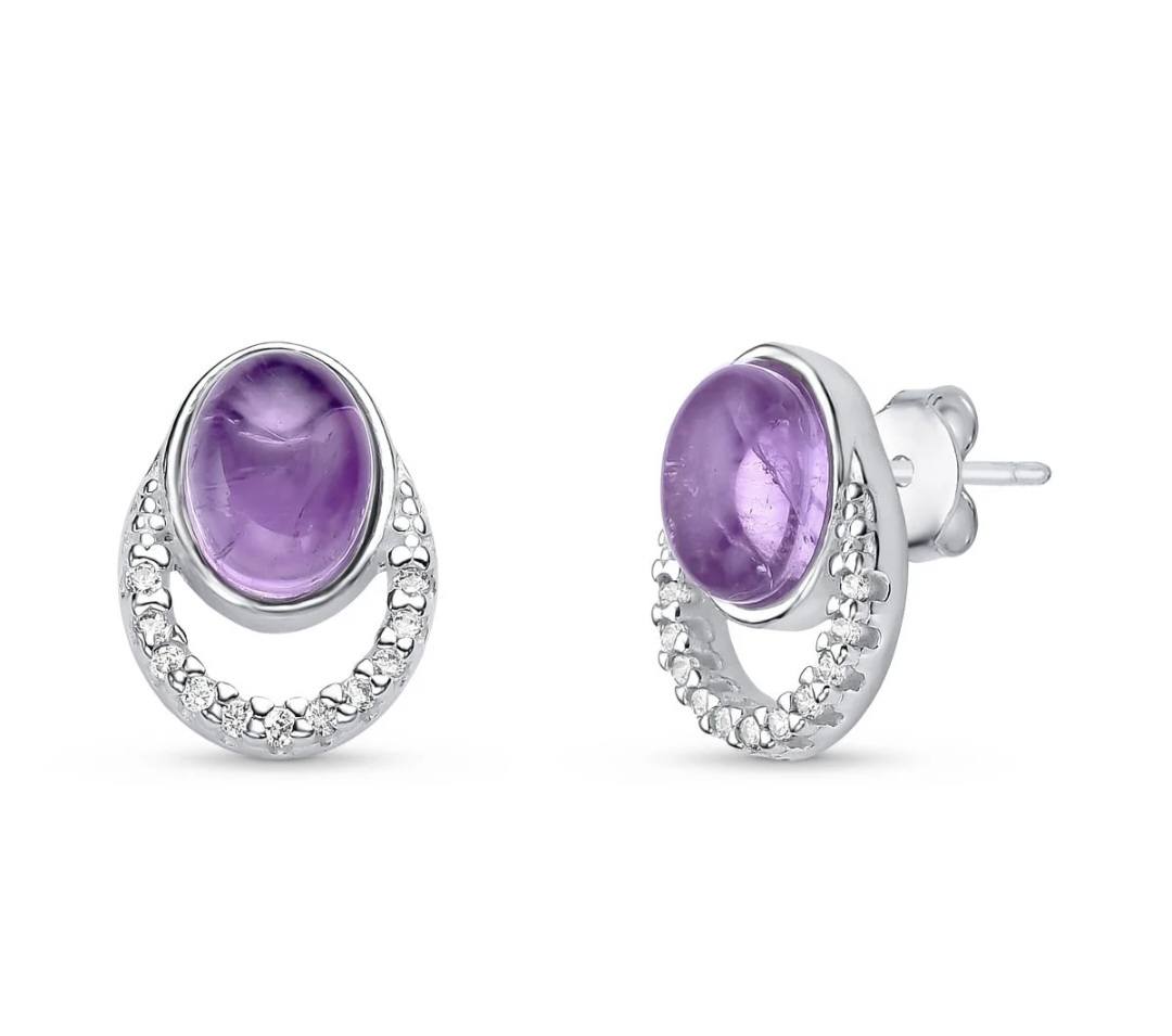 New Sterling Silver Cubic Zirconia Drop Earrings w/ Oval Natural Gemstones, Ametyst
