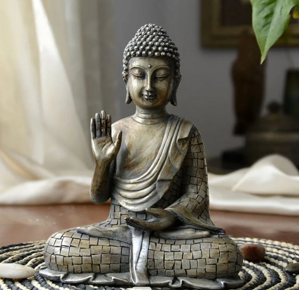 Handmade Meditation Buddha Statue | Abhaya Mudra | Display Ornament Decoration | 21.5x17.5x10.5cm - Lightweight - Resin