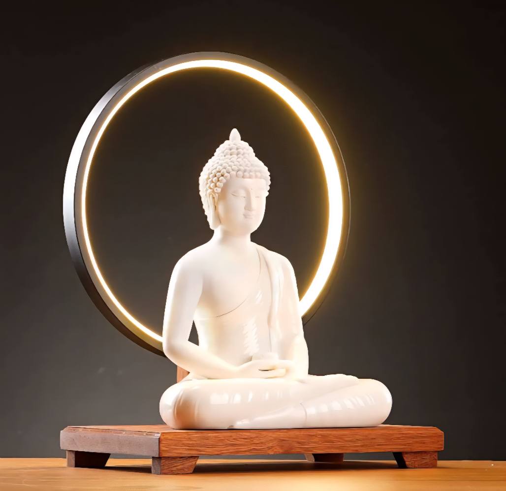 Porcelain Gautama Buddha Statue Decorative Set with LED light Circle | 40cmx31x19cm
