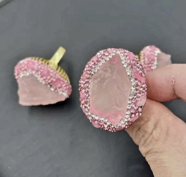 Superfancy Raw Rose Quartz & Rhinestone Ring, Gold Electroplated