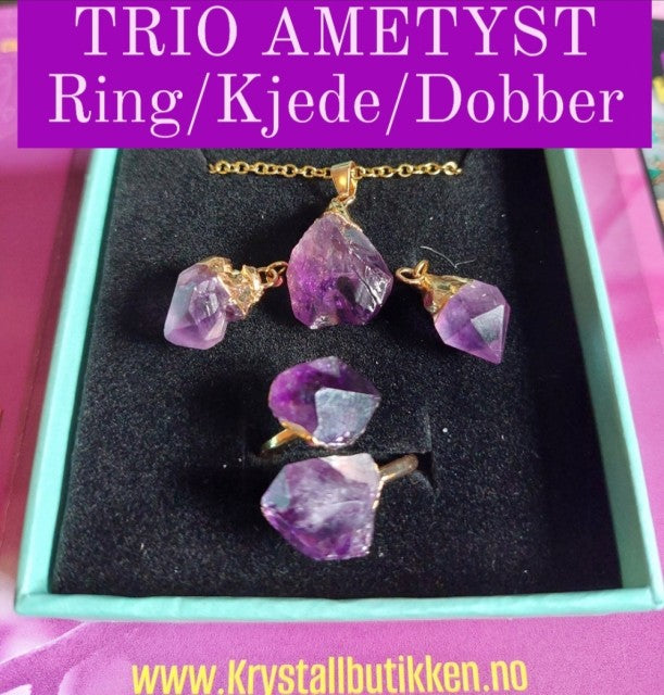 TRIO PÅske Ametyst smykkesett m/rÅkvarts Kjede, Øredobber og Ring, Gold Electroplated