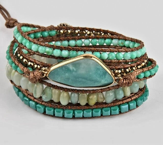 NYHET 2025 ! BOHO WRAP BRACELET 5 rader armbÅnd med stor Amazonite sten