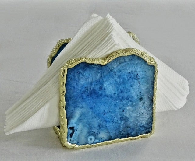 Vakkert Gold Electroplated Blue Agat Aqua Coastersett m/ 1 stk. Platter Coaster + 4 Coaster Bordbrikker og Serviettholde