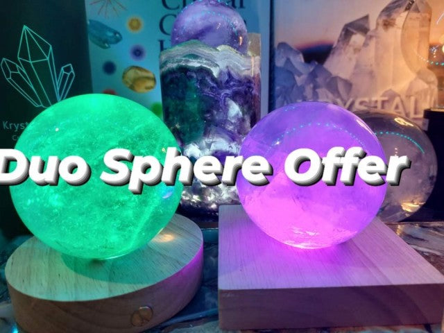 Duo Lsrge Sphere Pack 1.6kg (Green Fluorite Quartz + Clear Quartz ) inkl. trebase med ledlys og remote control