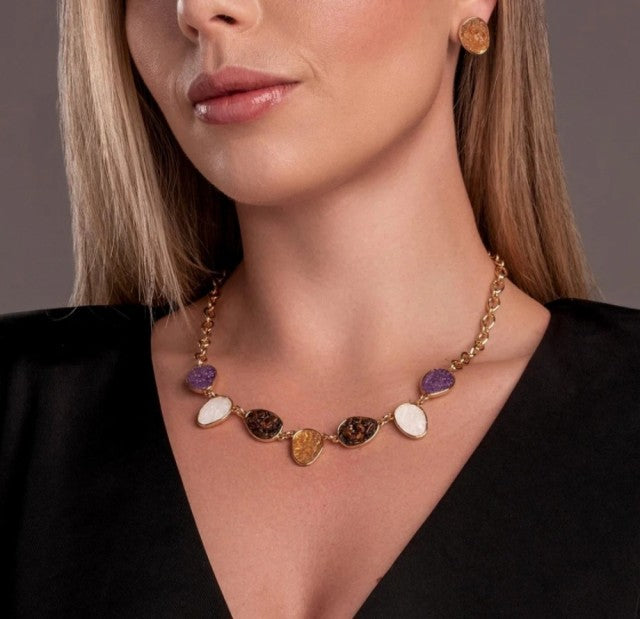New 2025 Brazil Gem 7-Stone Amazonite + Amethyst + Pink Rhodonite + Selenite, Gold Plated Riviera Necklace & Earring Set