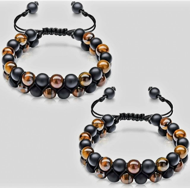 Nye Chambhala 2 rader Tigerøye armbÅnd og sort onyx, justerbare, 8mm kuler