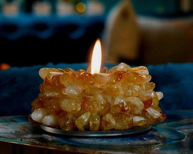 Citrine Quartz krystall Telysdekorasjon m/innvendig glass til telys , ca. 10cm