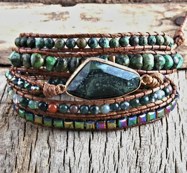 NYHET 2025 ! BOHO WRAP BRACELET 5 rader armbÅnd med stor Afrikansk Turkis sten