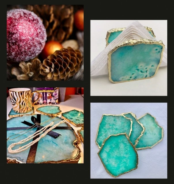SUPEROFFER 14 / Exclusive Pack ( Aqua Agate Quartz Coasterplatter + 4 Coasters & Green Quartz Crystal Gla